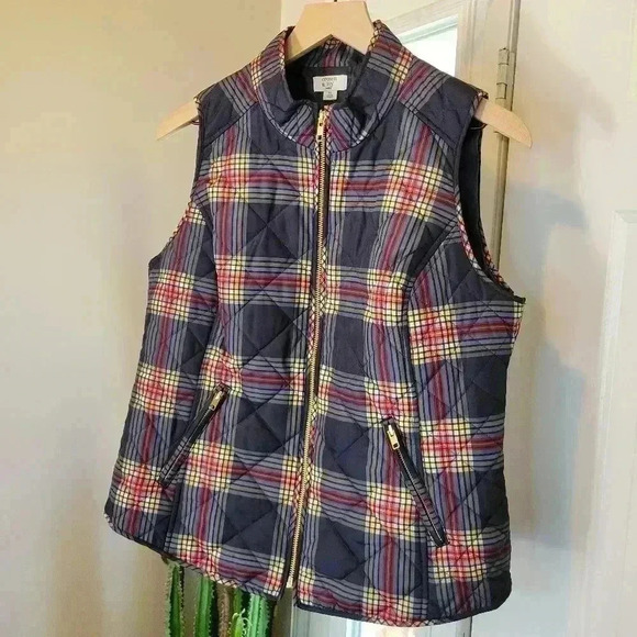 Crown & Ivy Blue Plaid Puffer Vest Adjustable Waist, Size Petite L‎ - Picture 3 of 10